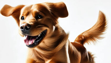 a happy dog playing on a white background cropped